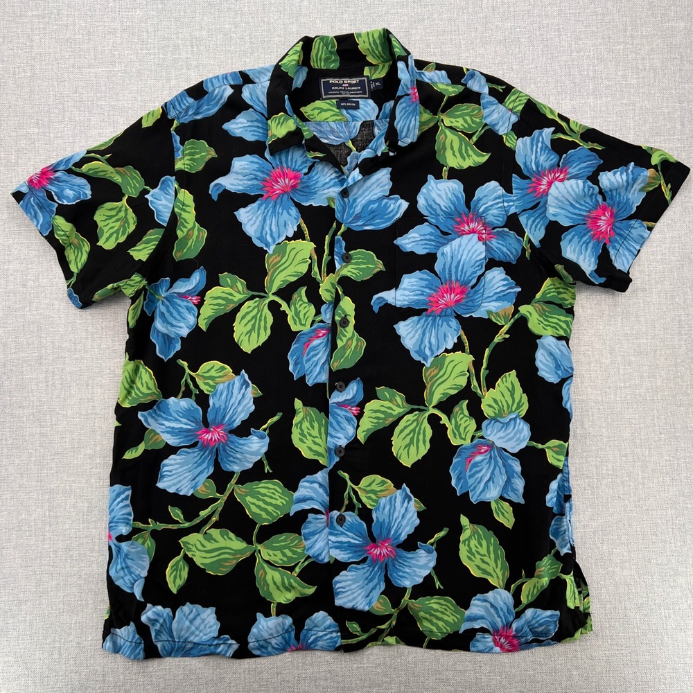 VTG Polo Sport Ralph Lauren Hawaiian Shirt Loop Collar Men XL Black Hibiscus